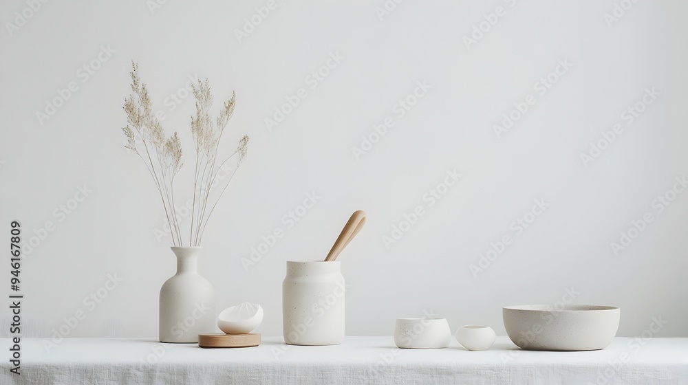 Poster Carefully curated arrangement of common household items displayed on a clean white background with soft natural lighting and subtle textures offering a modern and minimalist visual aesthetic