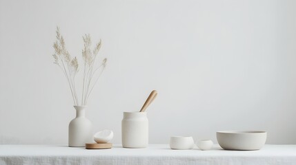 Carefully curated arrangement of common household items displayed on a clean white background with soft natural lighting and subtle textures offering a modern and minimalist visual aesthetic