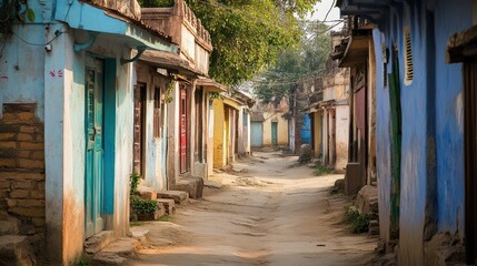 Fototapeta premium Empty Indian Village Street: A narrow street in a traditional Indian village, with old houses and quiet surroundings