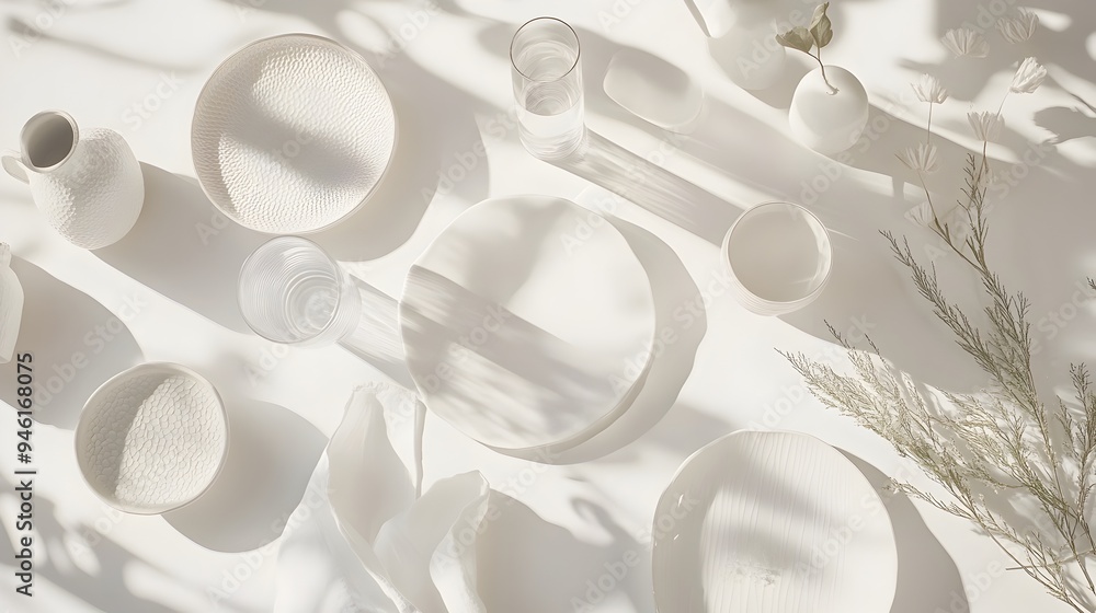 Poster Carefully Curated Assortment of Everyday Domestic Items Artfully Arranged on Pristine White Setting with Soft Diffused Lighting and Refined Modern Aesthetic to Create Visual Interest and Appeal
