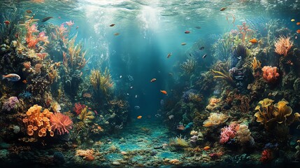 Obraz premium Vibrant underwater scene with colorful coral reef and fish.