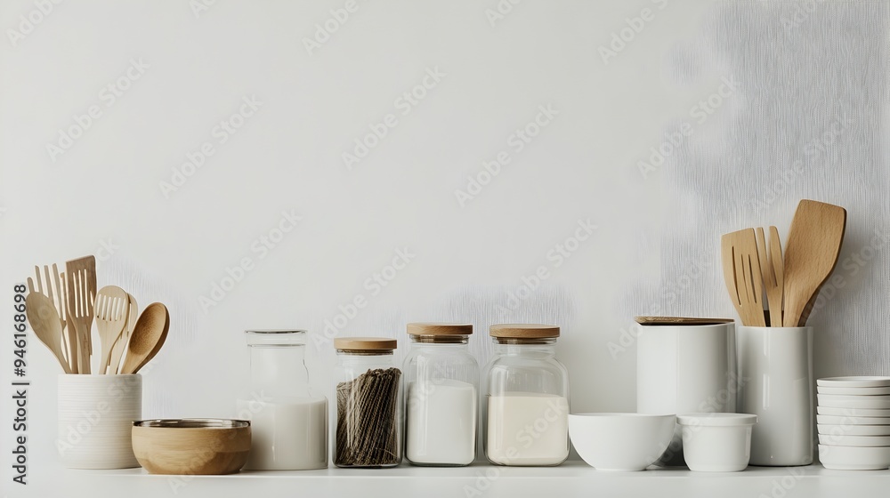 Poster carefully curated set of functional and minimalist household items arranged in a harmonious and bala