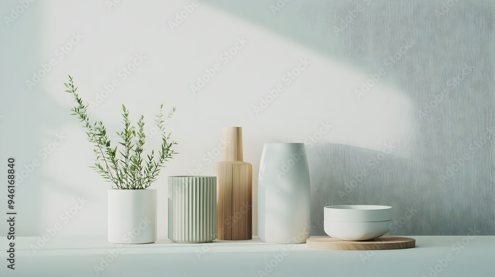 Poster carefully curated set of utilitarian household items arranged in a balanced and harmonious compositi