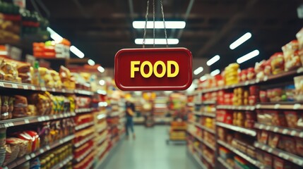 A sign hanging in an aisle of a grocery store that says Food in yellow letters.