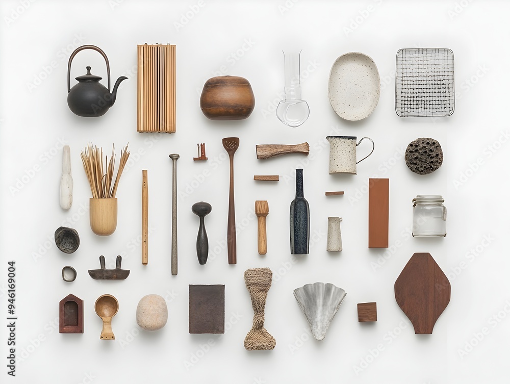 Poster carefully positioned assortment of familiar household items against a stark white background showcas