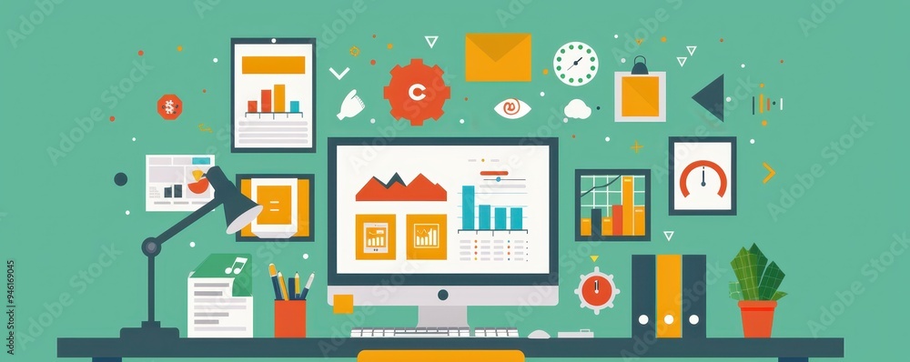 Aufkleber colorful modern desk setup with computer screen displaying charts and graphs, surrounded by office s