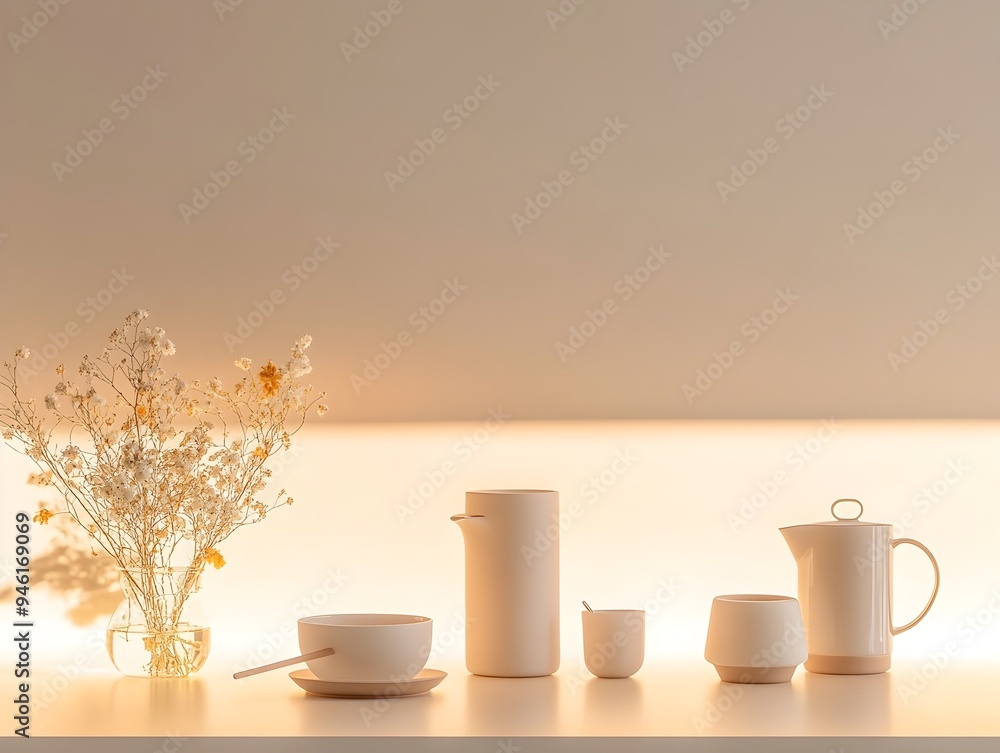 Poster Carefully positioned collection of common domestic items on a bright featureless surface featuring a balanced and symmetrical layout diffused illumination and a refined pared down