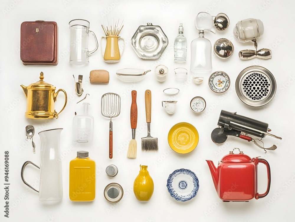 Poster carefully positioned assortment of familiar household objects against a clean white background showc