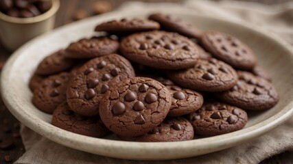 Rustic chocolate cookies in a ceramic bowl with natural lighting.