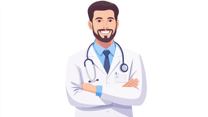Fototapeta premium Professional male doctor smiling with arms crossed in a white lab coat, showcasing healthcare commitment and compassion