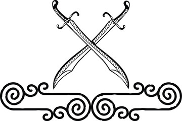 Celtic Curved Spiral Lines Border, Header, Footer - Crossed Scimitars