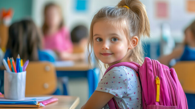 Ni&ntilde;a con mochila en su primer d&iacute;a de la vuelta al cole sentada en su pupitre de clase