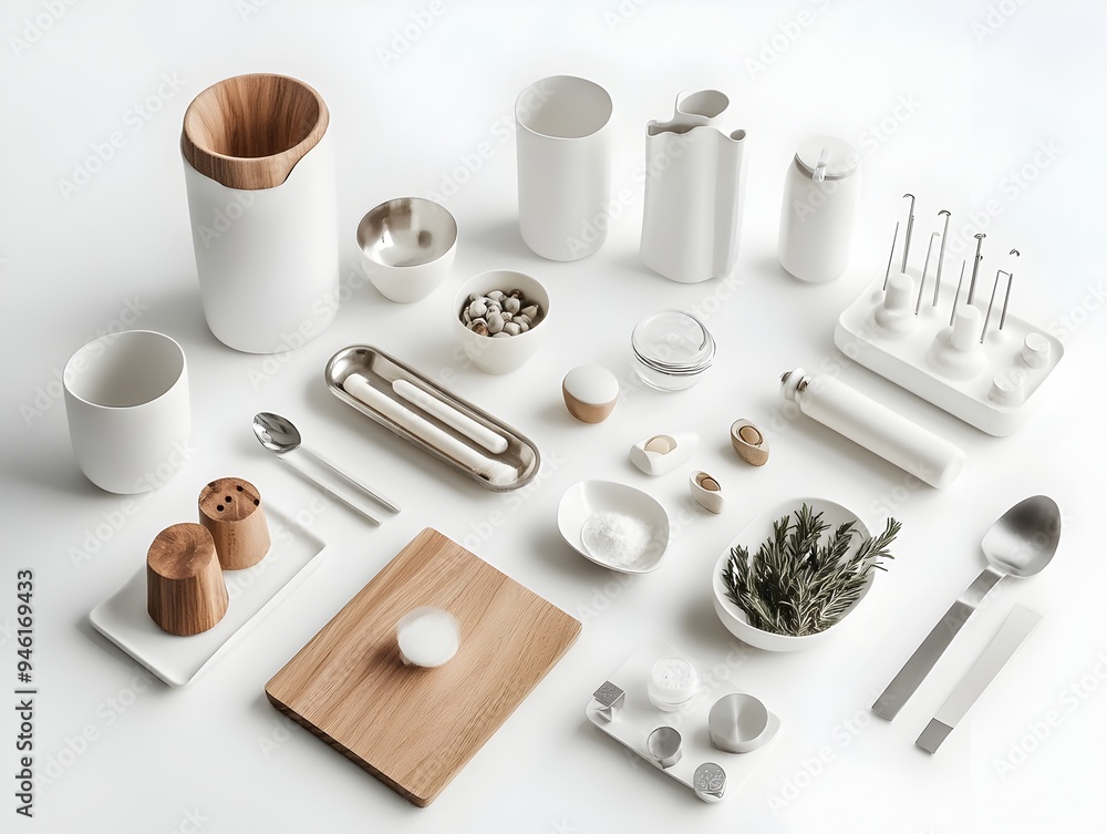 Poster collection of familiar household objects artfully displayed on a spotless white setting carefully cu