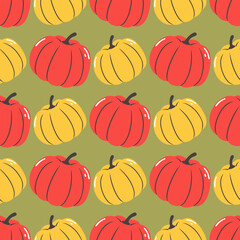 Red, yellow, green and peach cartoon pumpkins on green background. Vector seamless pattern of cute pumpkins in flat style. Ready for fabric, textile, prints, wrapping paper.