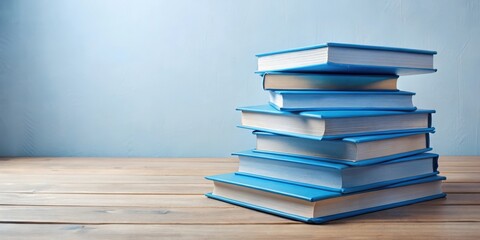 A pile of blue books on a table