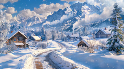 A snow-covered road winding through a winter landscape, leading to a remote village with traditional wooden houses, smoke curling from chimneys, and snow-capped mountains in the background
