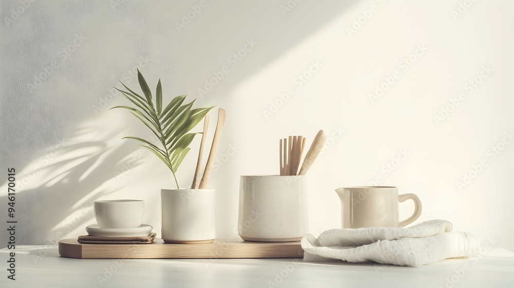 Poster curated set of utilitarian household items arranged in a balanced harmonious composition with soft e