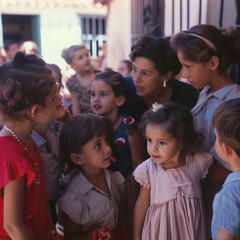 Foto antigua de profesora con sus alumnos en España