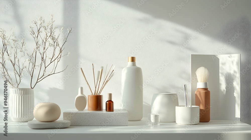 Poster diverse range of household essentials artfully positioned on a pure white surface with careful place