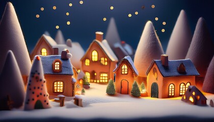 Escena navideña nocturna y acogedora de un pueblo realizado con fieltro