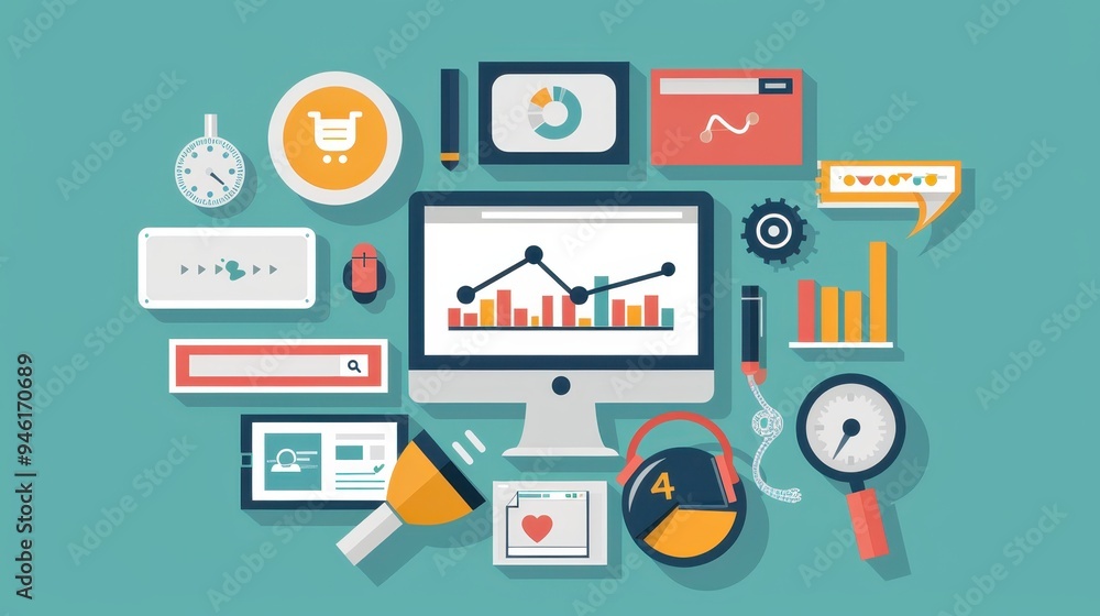 Poster data analysis tools and infographic elements on a computer screen, showcasing graphs, charts, and an