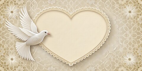 Country style first communion card with a delicate dove and heart design