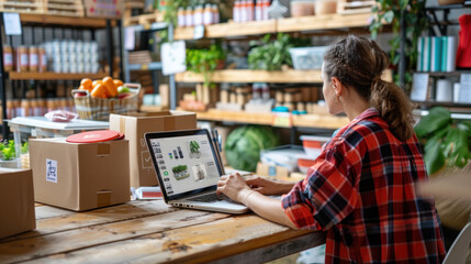A small business owner sitting at a rustic desk, using social media management tools on a laptop, with product packaging and marketing materials nearby