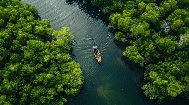 A small boat navigating through a narrow, hidden waterway in a mangrove forest, with dense greenery and wildlife all around, offering a unique, off-the-beaten-path experience
