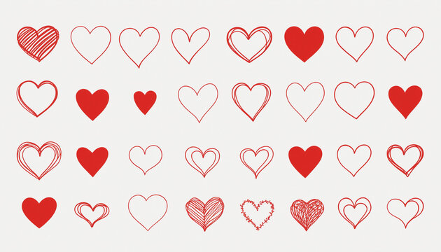 Set collection lot coeurs rouges doodles dessin formes diff&eacute;rentes isol&eacute;es fond blanc.