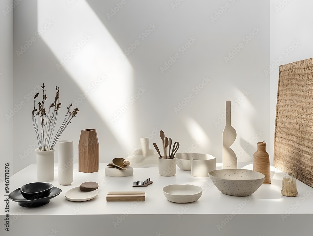 Poster elegant and captivating minimalist arrangement showcasing a mix of commonplace domestic items in a c