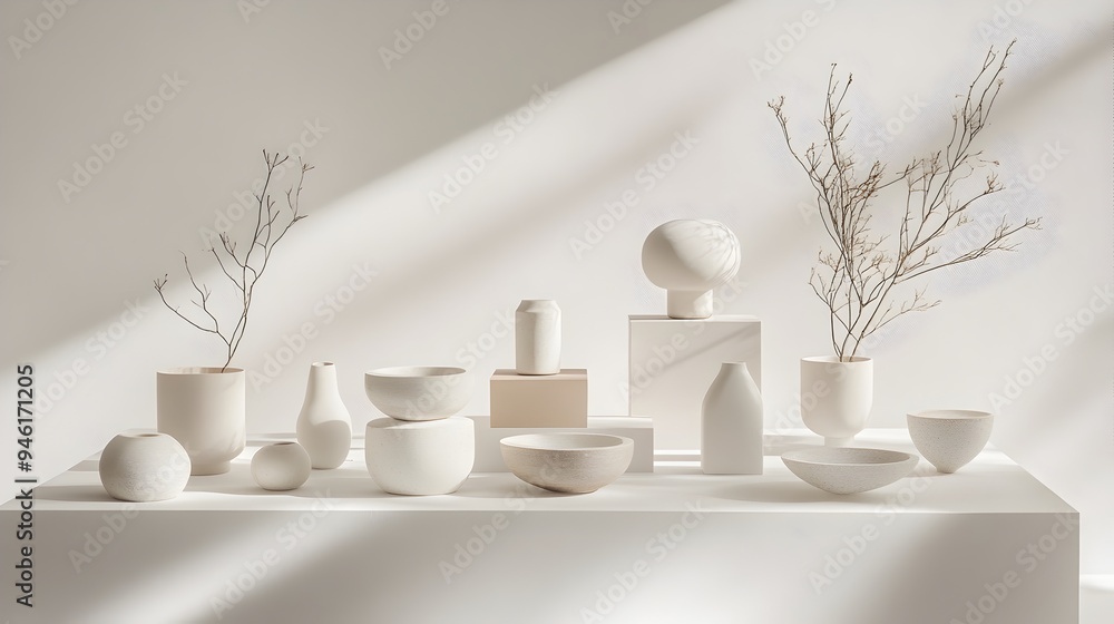 Poster elegant and harmonious grouping of familiar domestic items meticulously staged on a pure white backg