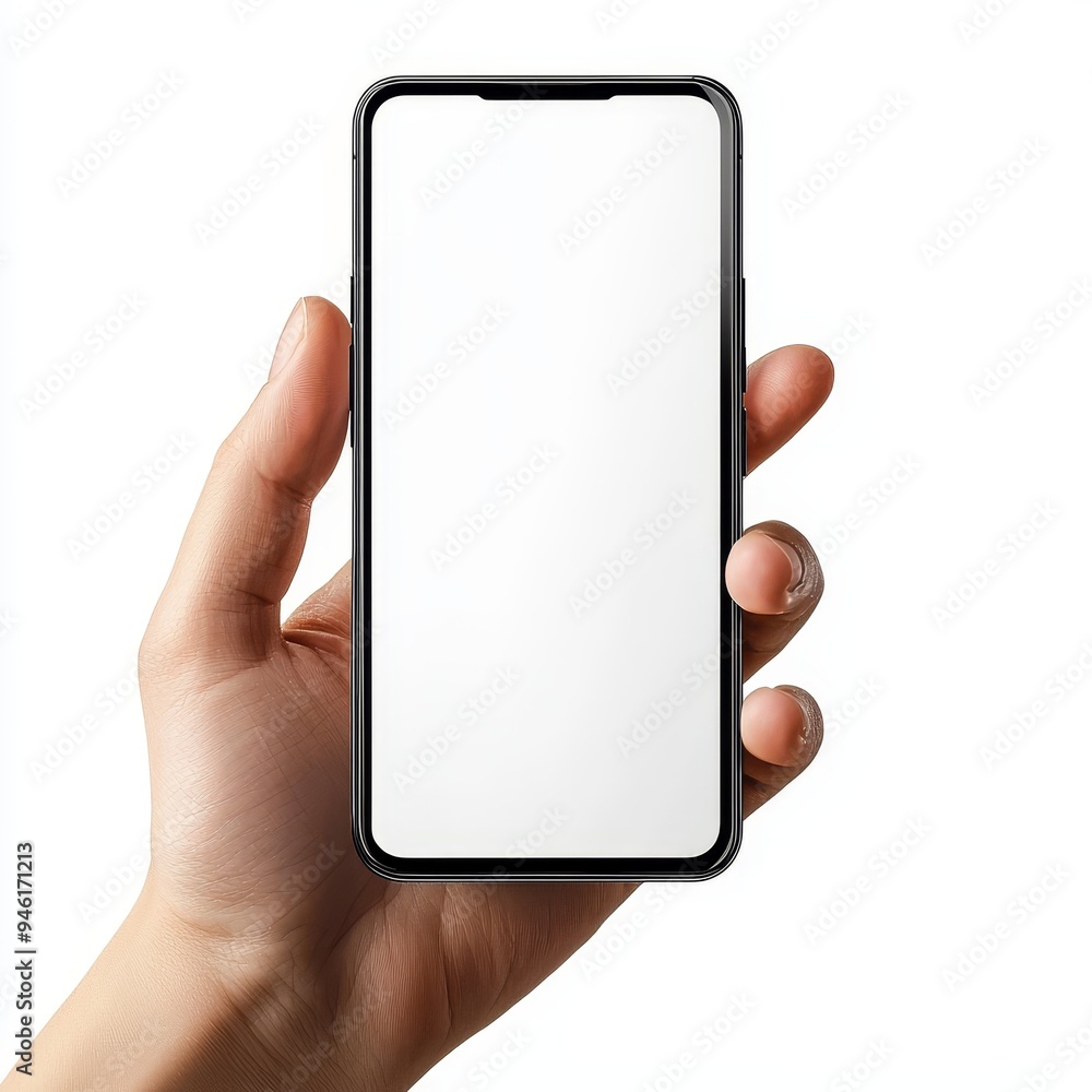Poster mobile screen mockup with a hand holding the device. transparent background without a background.