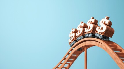 A rollercoaster with currency symbols as the carriages, ascending and descending sharply, showing the unpredictable nature of financial markets, with a muted color palette