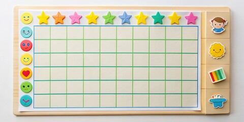 Child's reward or chore chart system with colorful stickers and daily tasks