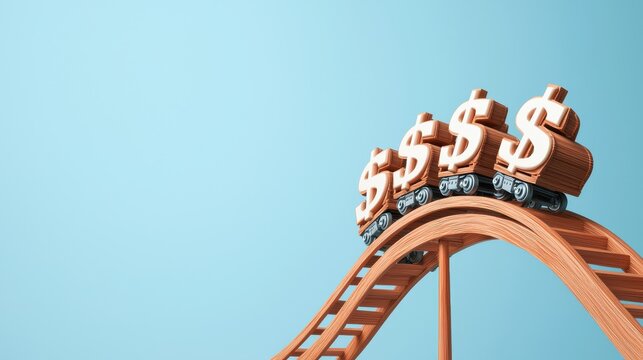 A rollercoaster with currency symbols as the carriages, ascending and descending sharply, showing the unpredictable nature of financial markets, with a muted color palette