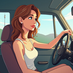 Attentive young woman confidently driving car through scenic landscape on sunny day