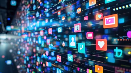 Obraz premium Digital abstract background with colorful social media icons and network symbols representing online communication and connectivity.