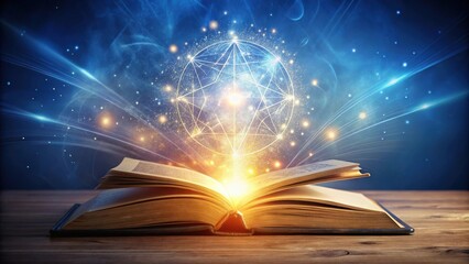 An open magic old book with mystical symbols and glowing pages