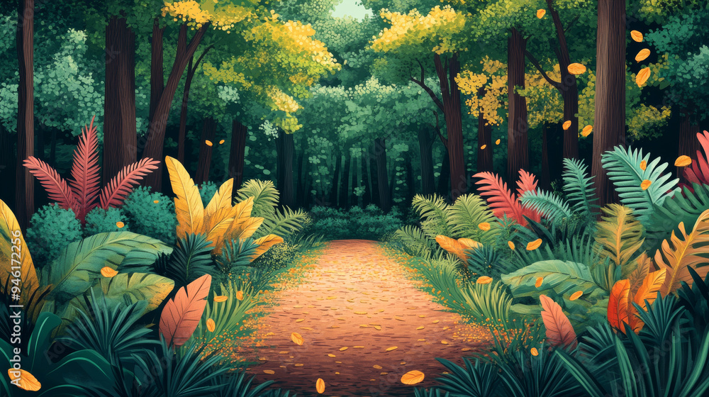 Poster a forest scene with a path through it