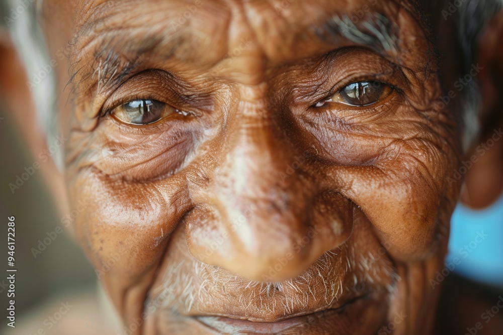 Poster An elderly man with deep wrinkles and wise eyes demonstrates calmness and wisdom, reflecting on life experiences in a tranquil setting with natural light. Generative AI