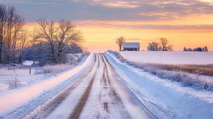 Obraz premium A rural road leading to a wooden cabin in the distance, with snow-covered fields on either side, and the sky a soft pastel as the sun sets on a winter evening