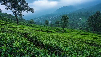 Fototapeta premium Lonely Tea Plantation: A lush tea plantation in the hills of Darjeeling, with rows of tea plants stretching into the distance