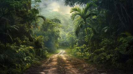 Obraz premium A rough, unpaved road leading through a dense jungle, with towering trees on either side, the road barely visible as it winds towards a hidden, remote village deep in the wilderness