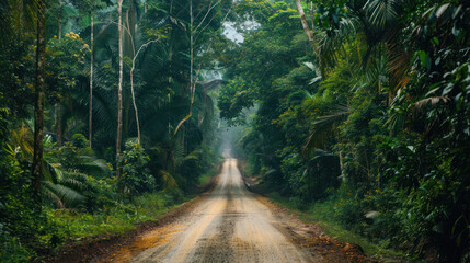 Obraz premium A rough, unpaved road leading through a dense jungle, with towering trees on either side, the road barely visible as it winds towards a hidden, remote village deep in the wilderness