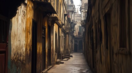 Lonely Varanasi Alley: A narrow alley in Varanasi, with ancient buildings and a deep sense of history © KYR