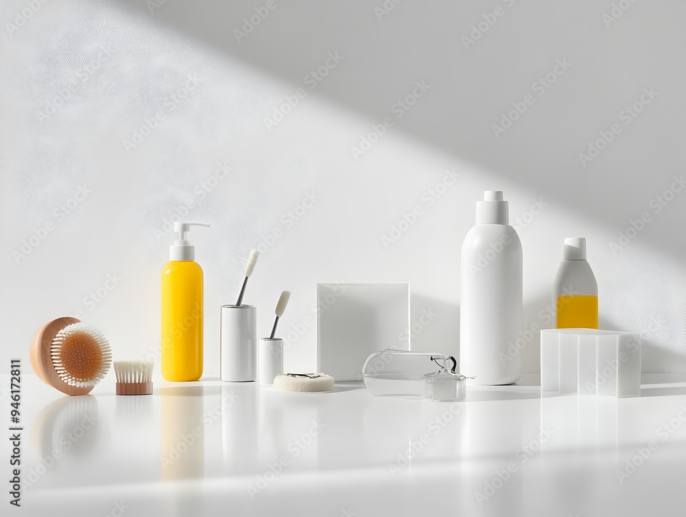 Poster harmonious and minimalist arrangement of a variety of common household objects displayed neatly on a