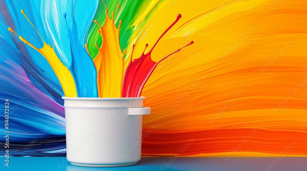 Poster a white bucket with a rainbow of colors splashed on it. the colors are bright and vibrant, creating 