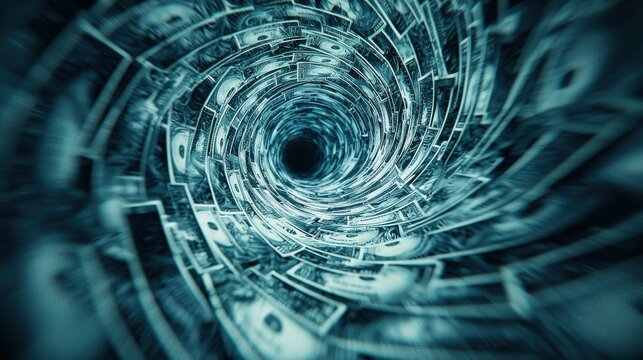 A spiral of money swirling downwards into darkness, with space for text at the top, representing the loss of value in volatile markets