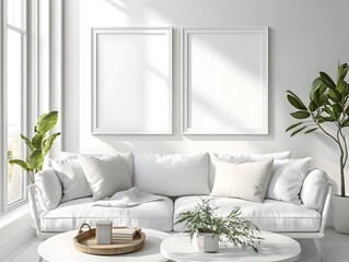 Minimalist Mockup Frame in Bright and Airy Farmhouse Living Room Interior Clean Lines Serene Scandinavian Style Open Concept Layout