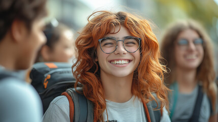 Obraz premium A gender-diverse teenager laughing with friends on a school campus, showing a moment of genuine happiness and acceptance, with copy space